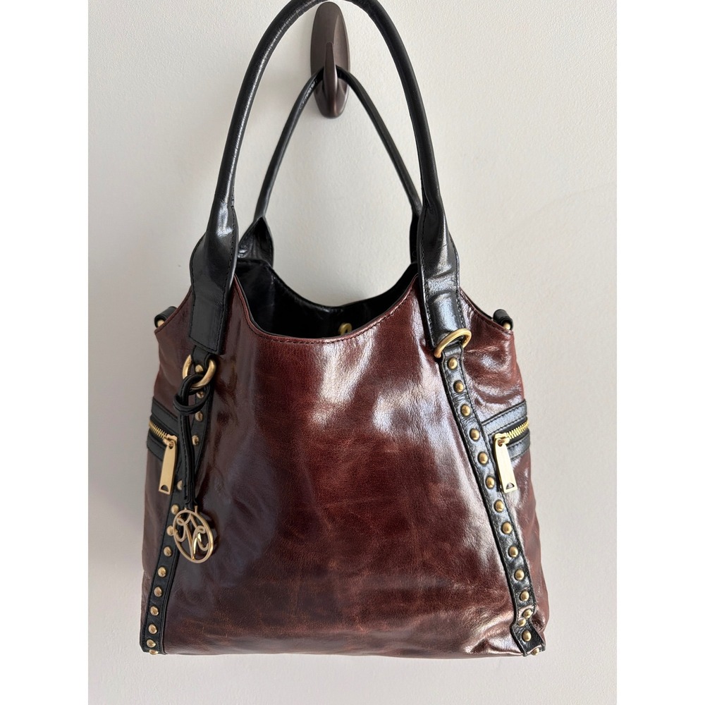 Johnston & Murphy Brown Black Glazed Leather Studded Hobo Shoulder Bag Tote